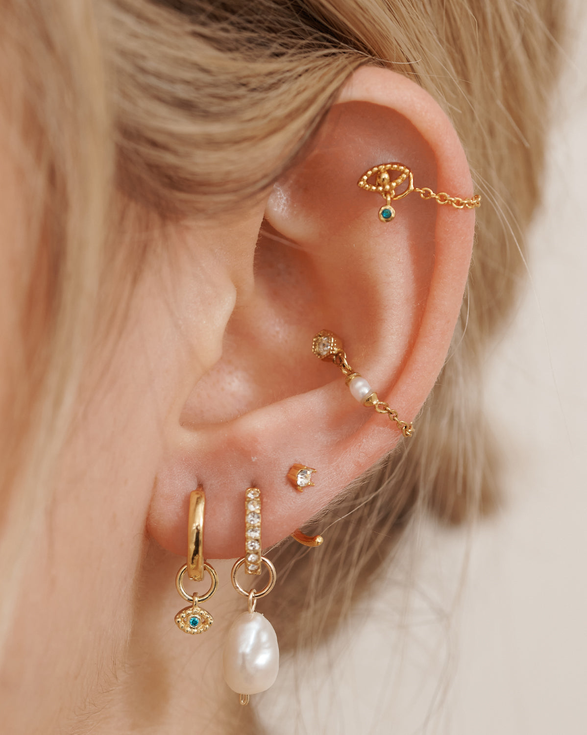 14K Solid Gold Mati Evil Eye Stud